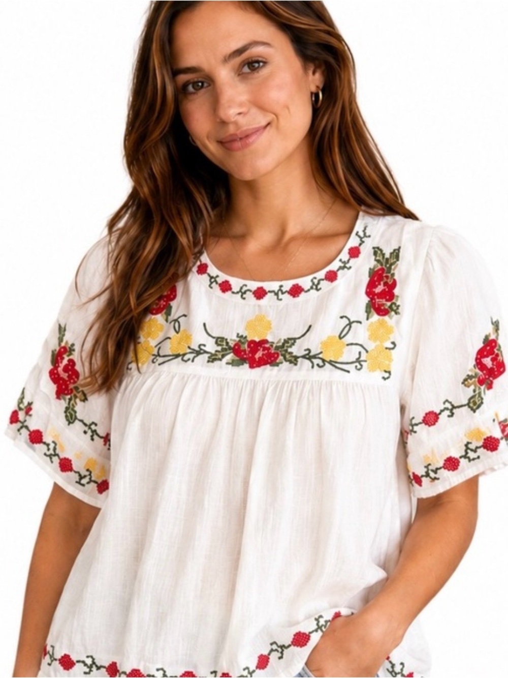 Solitaire White Embroidered Blouse with Red & Yellow Floral Accents